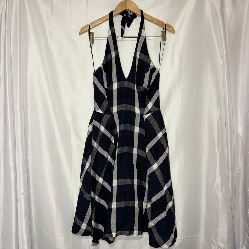 Eva Franco Anthropologie Navy Plaid Linen Halter Dress Size‎ 2 Pockets EUC